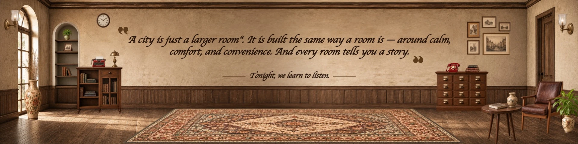Vintage room narrative slide: a city is a larger room, and every room tells a story