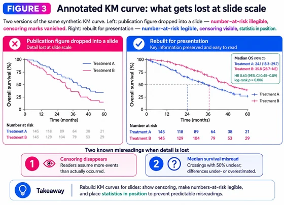 Report Figure 3: annotated Kaplan–Meier curves comparing a pasted publication figure with a presentation rebuild