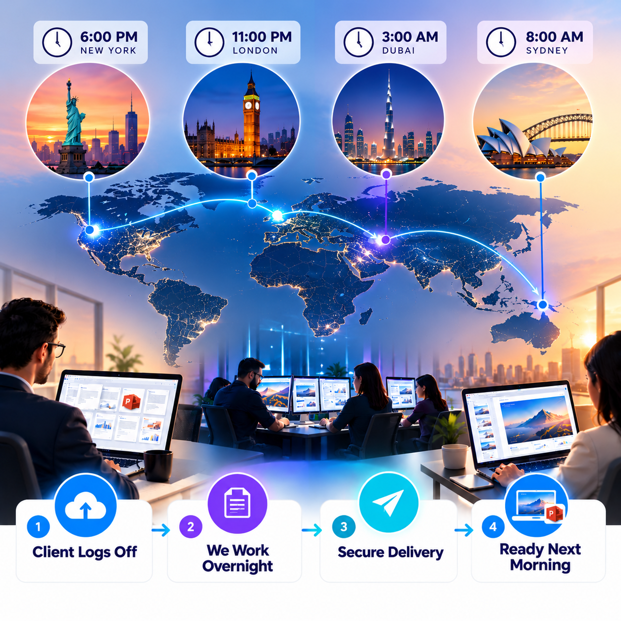 Overnight presentation workflow across New York, London, Dubai, and Sydney: client logs off, we work overnight, secure delivery, and ready next morning.