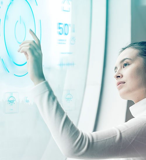 woman-touching-power-button-virtual-screen-smart-home-technology
